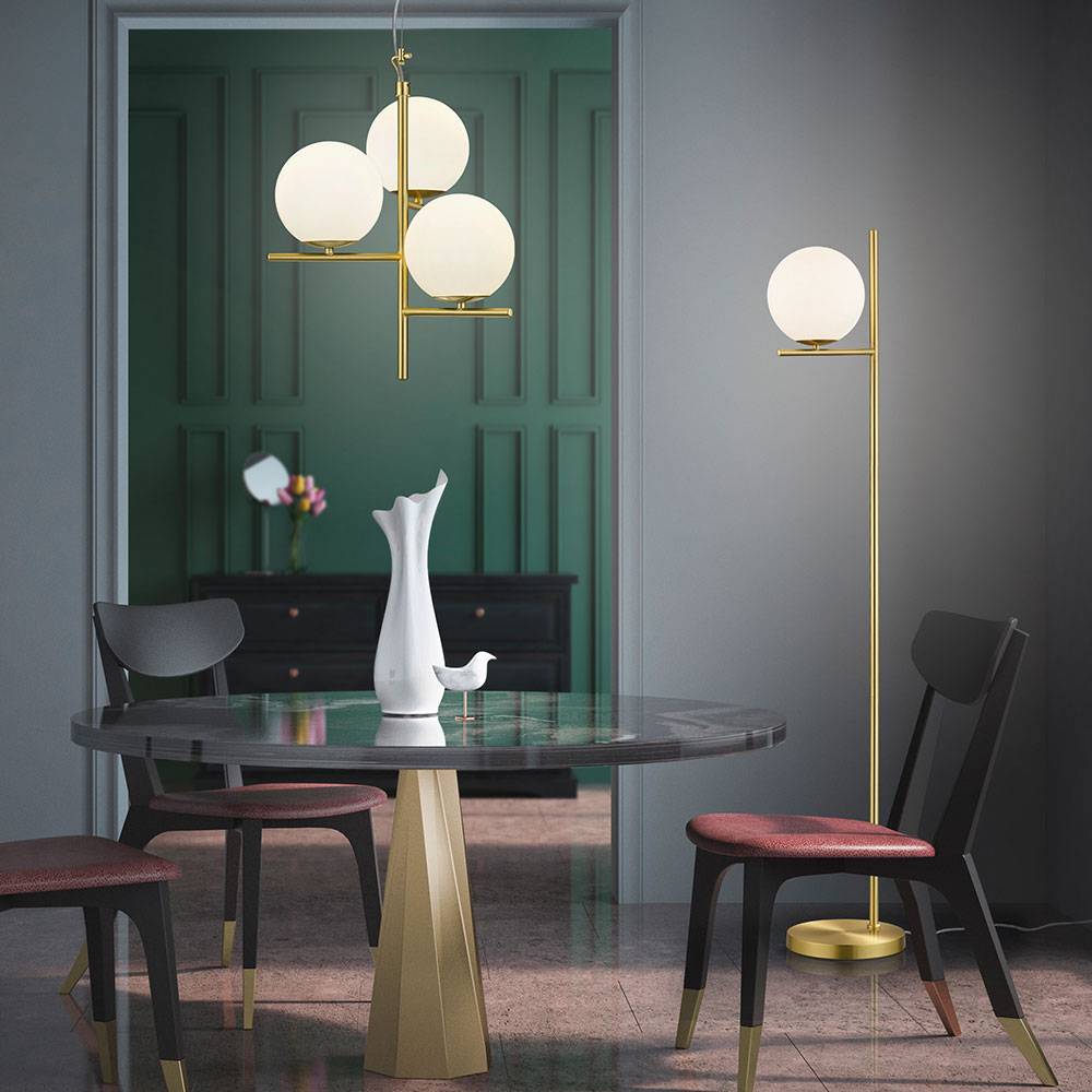 Stehlampe Wohnzimmer Kugel Stehleuchte Kugel weiß Stehlampe messing Metall, Glas, Fußschalter, 1x E14 Fassung, BxH 25x150 cm