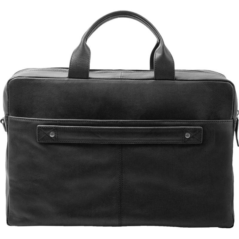Schwarze Ledertasche oder Laptoptasche mit zwei Griffen und einer vorderen Reißverschlusstasche auf weißem Hintergrund.