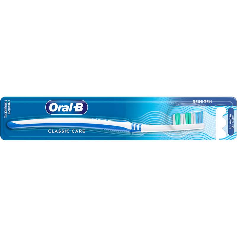 Oral-B Classic Care Handzahnbürste in blauer Verpackung, von der Seite gezeigt mit weiß-grünen Borsten und „REINIGEN