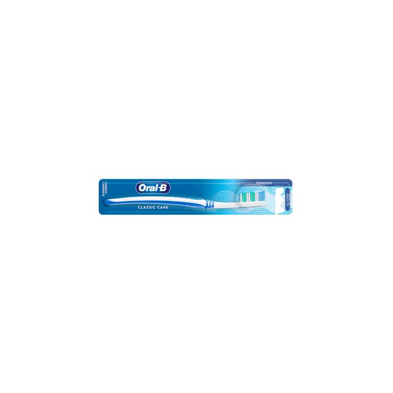 Oral-B Classic Care Handzahnbürste in blauer Verpackung, horizontal auf weißem Hintergrund dargestellt.