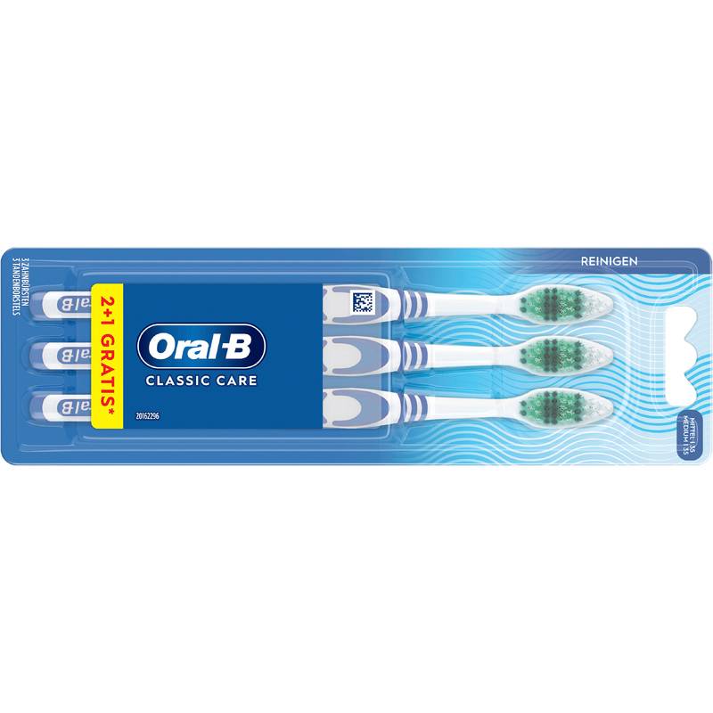 Oral-B Classic Care Zahnbürsten-Pack mit drei Zahnbürsten, gekennzeichnet mit 