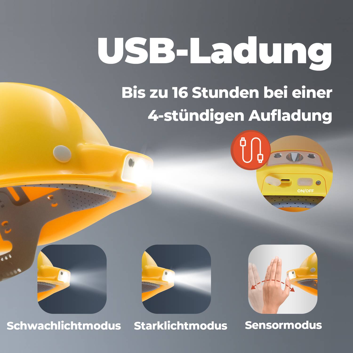 Mustbau MBU-ZC111-YEL Bauhelm,Schutzhelm,Arbeitshelm,Bauarbeiterhelm, USB-Ladegerät-Licht, 53-62cm Einstellbar