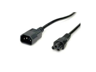 Ein schwarzes Stromkabel mit einem dreipoligen Stecker und einem zweipoligen Rundsteckverbinder, das zum Anschluss elektronischer Geräte an Stromquellen verwendet wird.