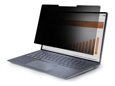 Ein Laptop zeigt ein Balkendiagramm auf dem Bildschirm, das teilweise durch einen Sichtschutzfilter verdeckt wird und steigende Datentrends von links nach rechts darstellt.