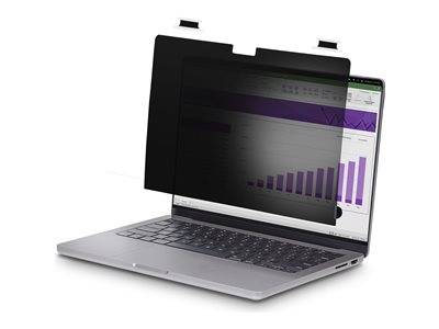 Laptop mit Privacy-Bildschirm, der ein Balkendiagramm zeigt. Der Privacy-Bildschirm verdunkelt den Bildschirm von der Seite aus für mehr Sicherheit.