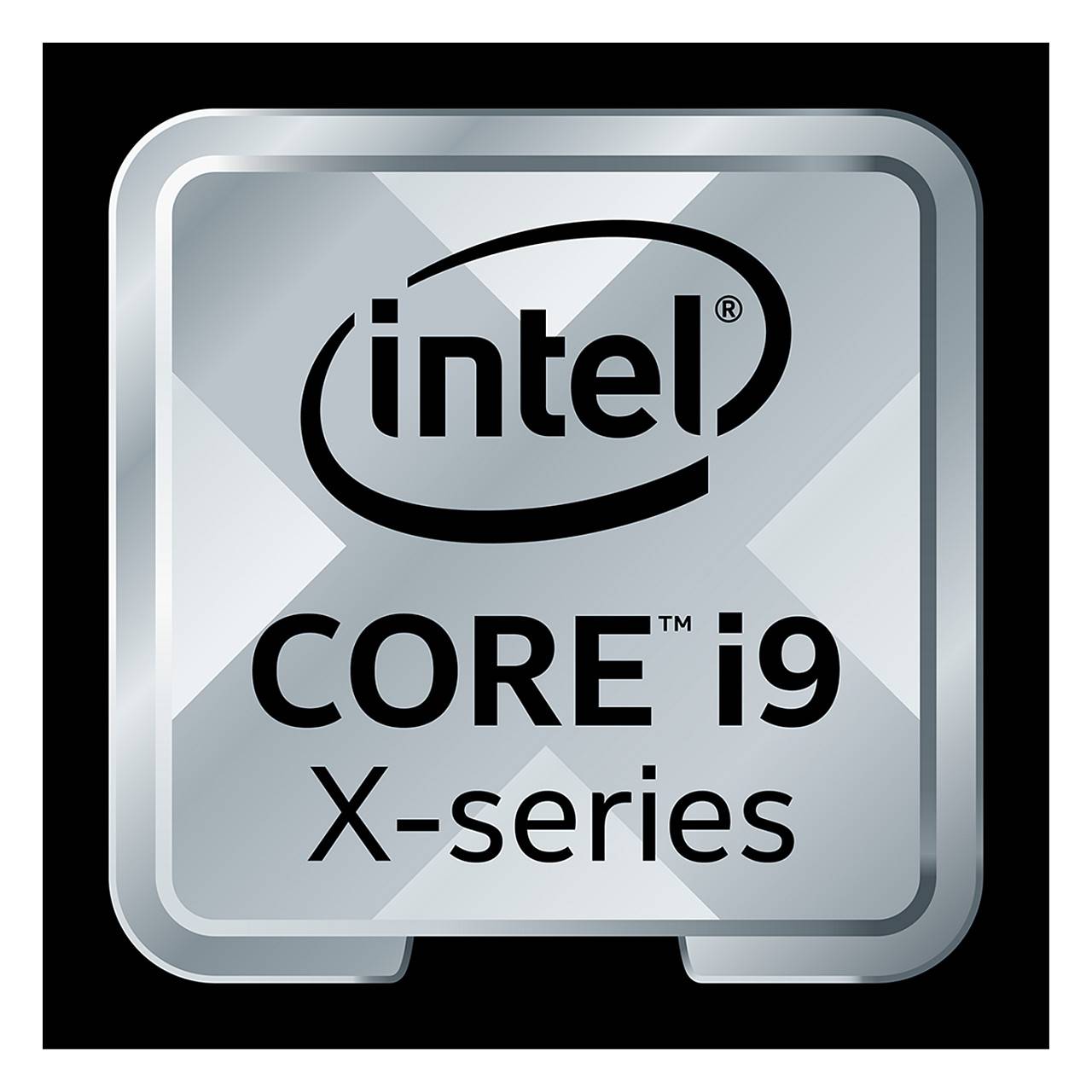 Intel CORE i9 X-Serie'-Logo in metallischem Design, mit dem Intel-Logo über dem Namen der Prozessor-Serie.