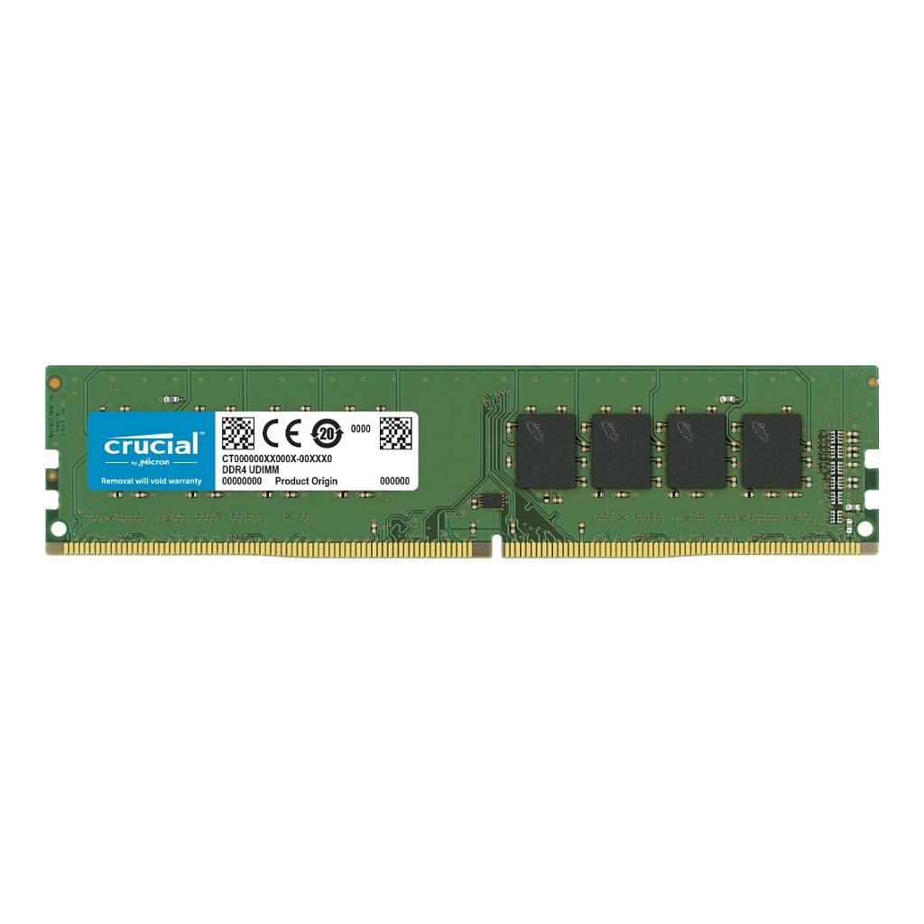 Ein grünes Crucial DDR4-Speichermodul mit einem blauen Etikett, das vier schwarze Speicherchips aufweist.