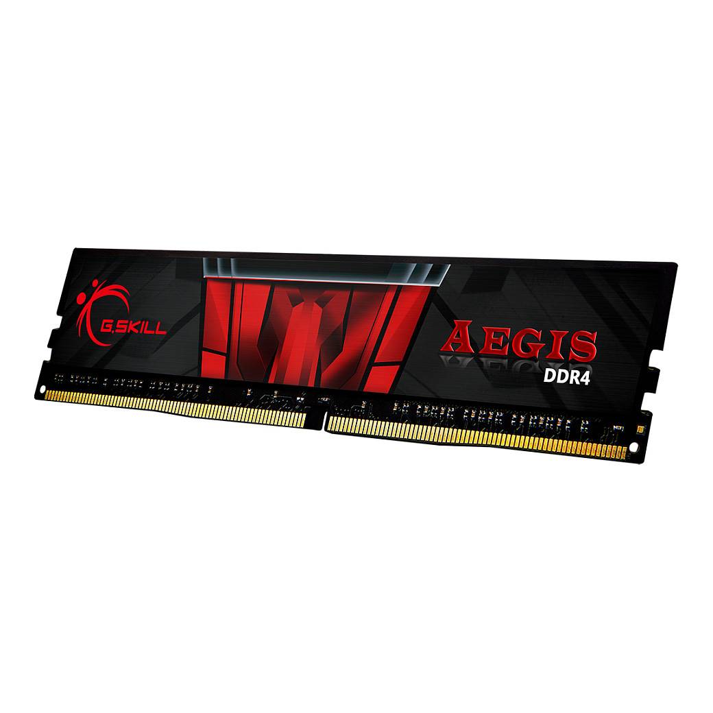 G.Skill Aegis DDR4 RAM-Modul, schwarzes Design mit roten Akzenten, goldene Kontakte auf der unteren Kante sichtbar.