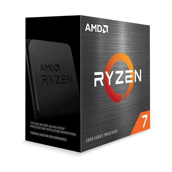 Eine Schachtel mit einem AMD Ryzen 7 5000 Series Prozessor. Die Verpackung zeigt die AMD- und Ryzen-Logos mit schwarzen und orangefarbenen Designelementen.