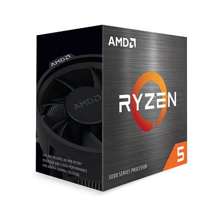 Eine Schachtel für einen AMD Ryzen 5 5000 Serie Prozessor mit einem Bild des Prozessorlüfters und Unternehmensbranding.