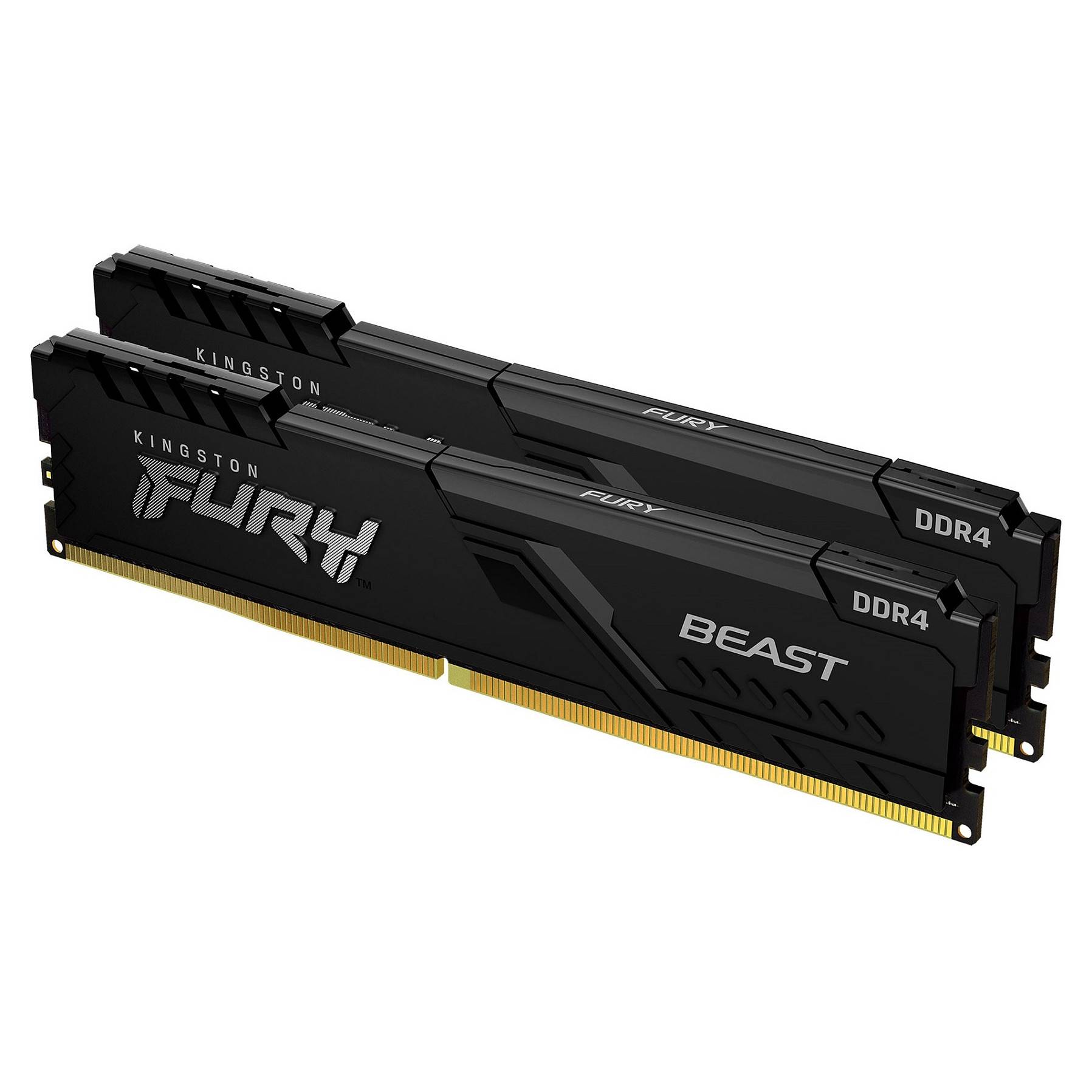 Zwei Kingston Fury Beast DDR4 RAM-Riegel, schwarz mit Branding, parallel positioniert, die den Speichertyp und das elegante Design hervorheben.
