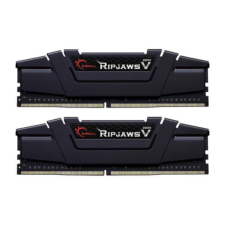 Zwei schwarze G.SKILL Ripjaws V DDR4 RAM-Speicherriegel mit Kühlkörpern, bekannt für hohe Leistung und Zuverlässigkeit in der Datenverarbeitung.