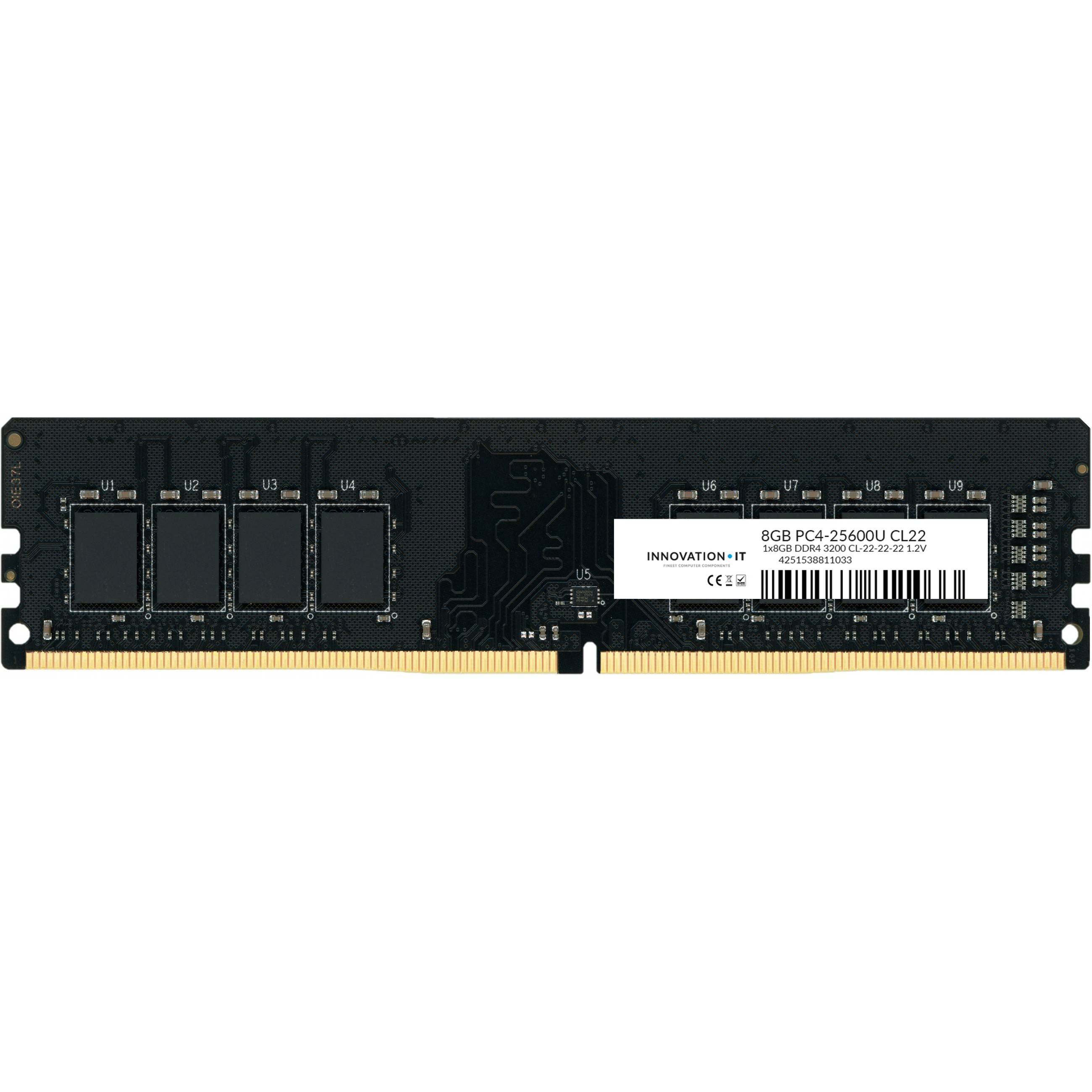 Ein RAM-Riegel mit 8GB PC4-25600 Desktop-RAM mit einem Etikett, das die Spezifikationen anzeigt.