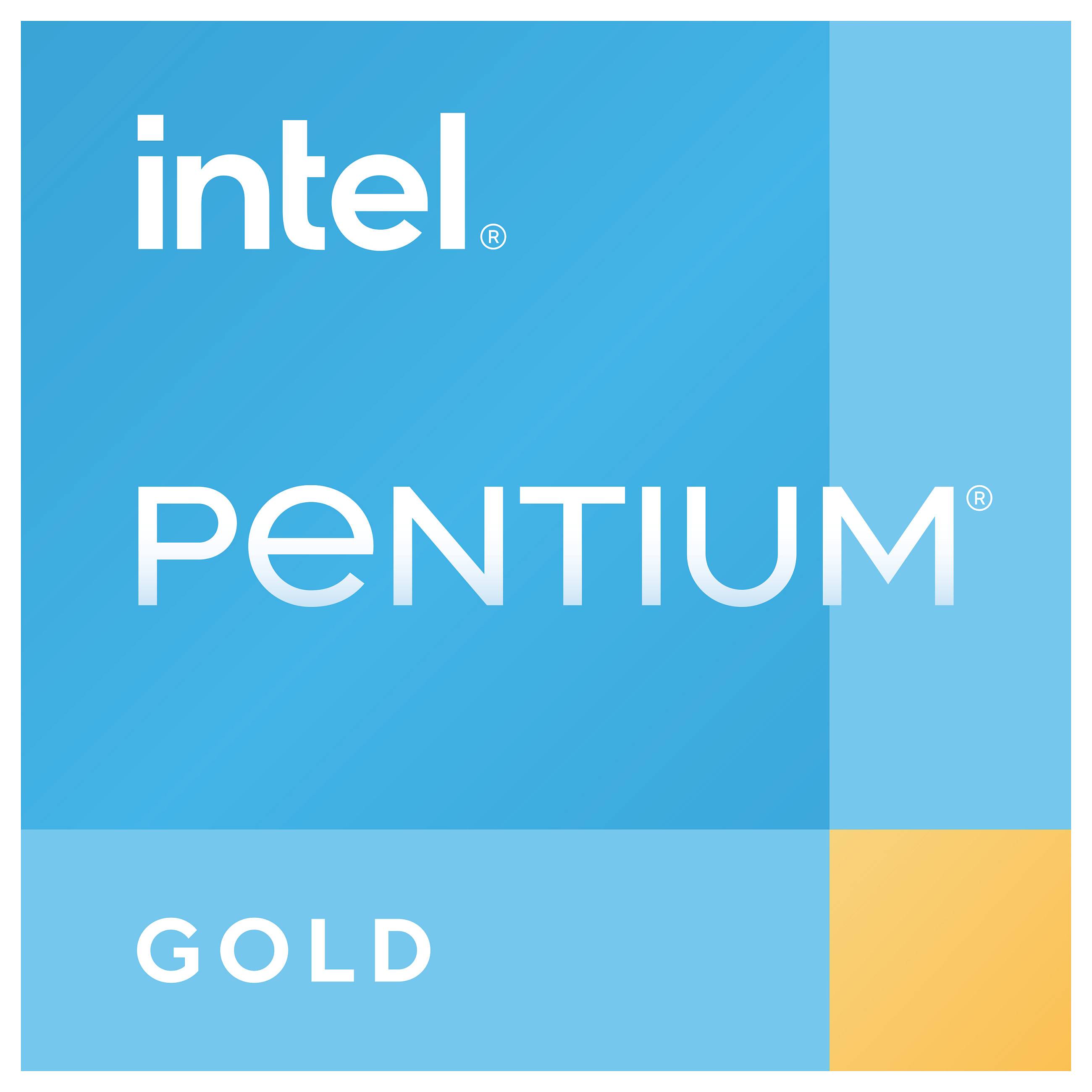 Logo des Intel Pentium Gold Prozessors mit einem blau-goldenen Farbschema und prominent angezeigtem Text „Intel
