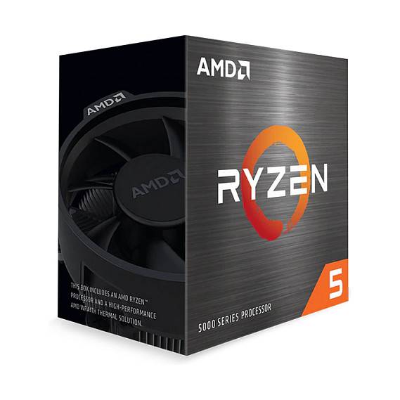 Eine Box für einen AMD Ryzen 5 5000er Serie Prozessor mit einem Ventilatorabbild und Ryzen-Logo.