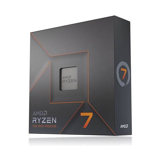 Das Bild zeigt einen verpackten AMD Ryzen 7 Prozessor der Ryzen 7-Serie. Die Verpackung ist dunkel mit orangefarbenen Akzenten gestaltet und zeigt die Nummer 