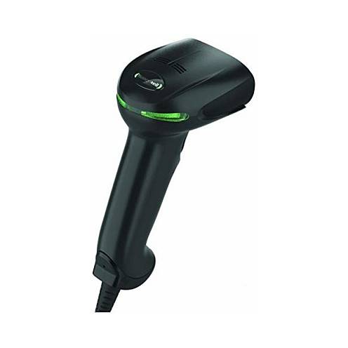Ein tragbarer Barcode-Scanner mit einer grünen Leuchtanzeige am Scanner-Kopf, entwickelt zum Auslesen von Barcodes in Einzelhandels- oder Logistik-Umgebungen.