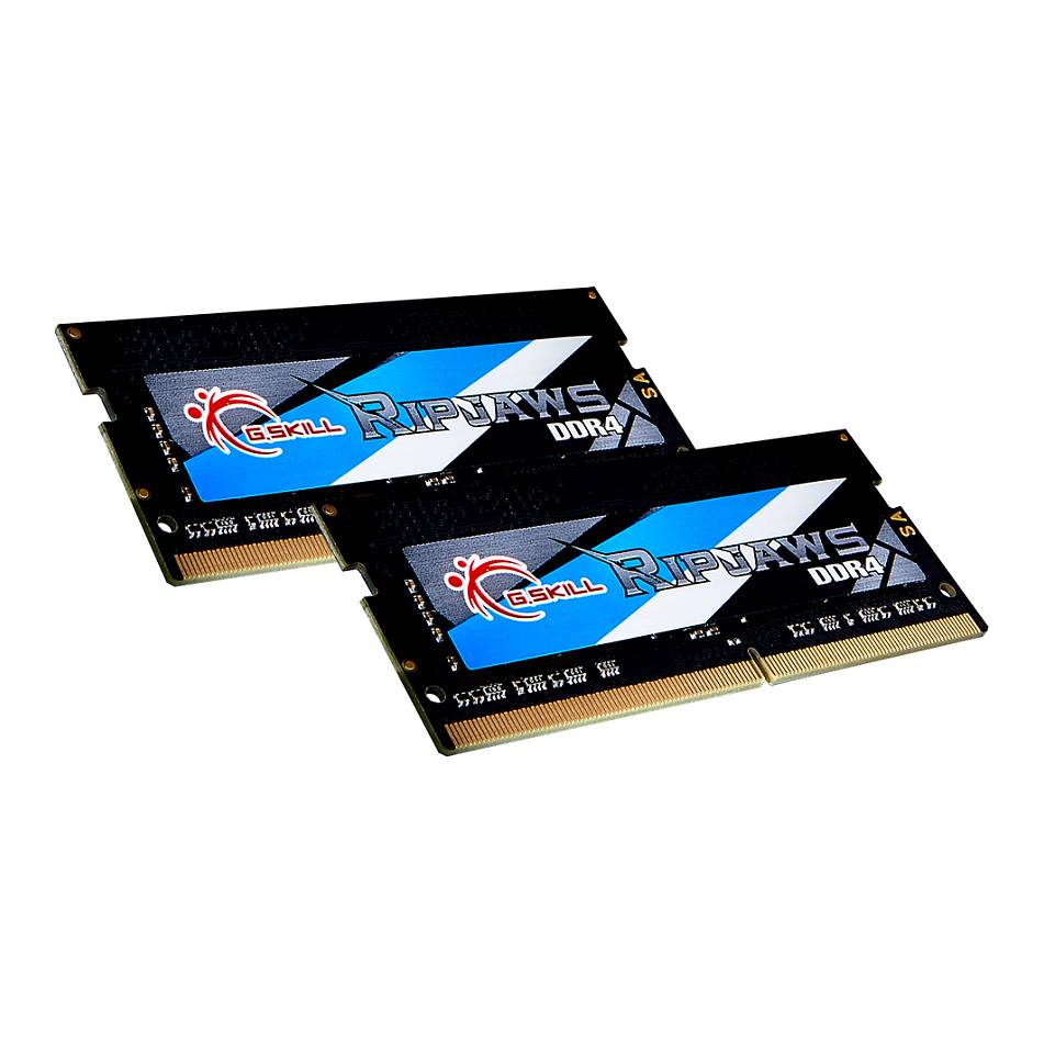 Zwei G.SKILL Ripjaws DDR4-RAM-Module mit blau-schwarzem Design, Draufsicht auf die Speichermodule.