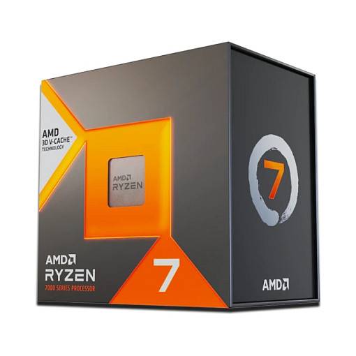Das Bild zeigt eine Schachtel für einen AMD Ryzen 7-Prozessor mit 3D V-Cache-Technologie, gekennzeichnet als Teil der 7000er-Serie.