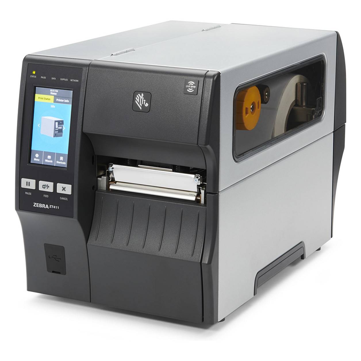 Zebra ZT411 Industrie-Etikettendrucker mit Touchscreen-Display und offener Seitenplatte, die die Etikettenrolle und den Druckmechanismus zeigt.