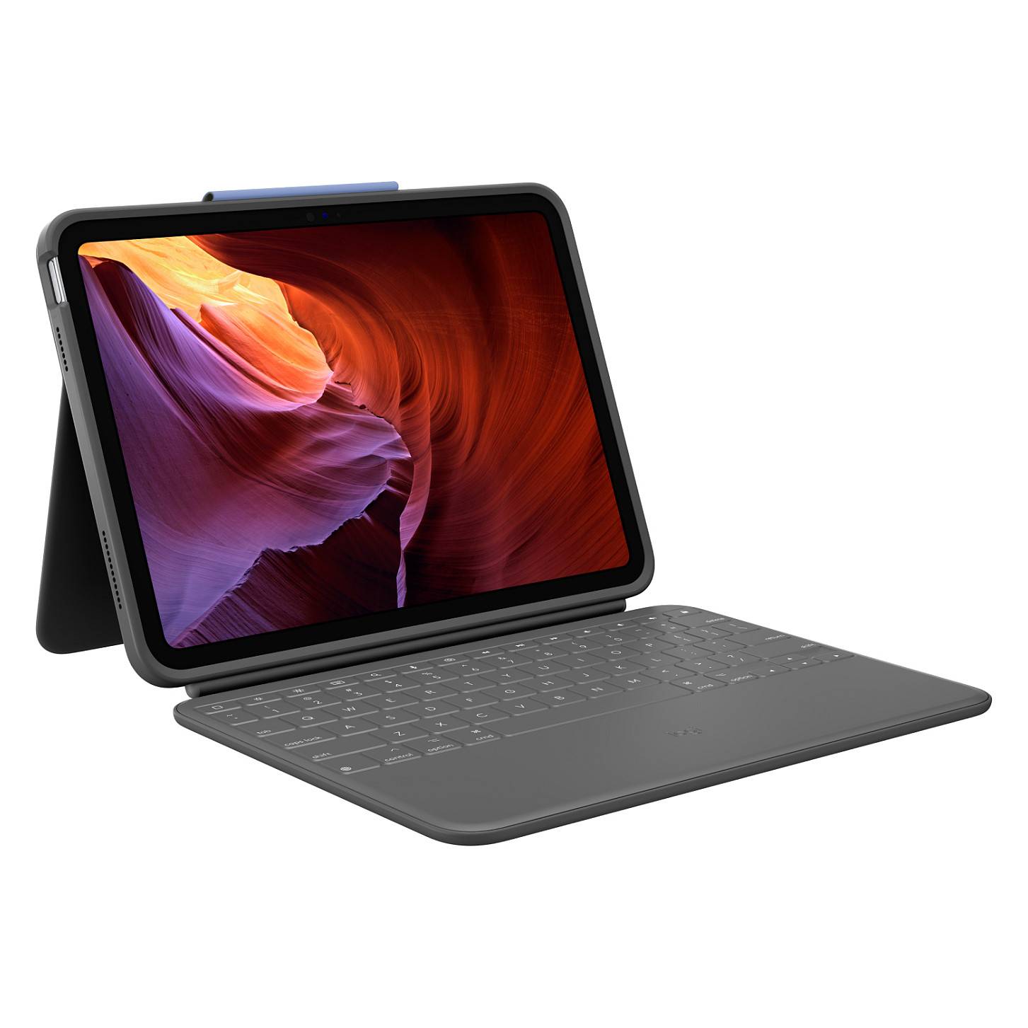 Ein schwarzes Tablet mit Tastaturetui ist geöffnet und zeigt ein lebendiges abstraktes Design in Rot und Orange auf dem Bildschirm.