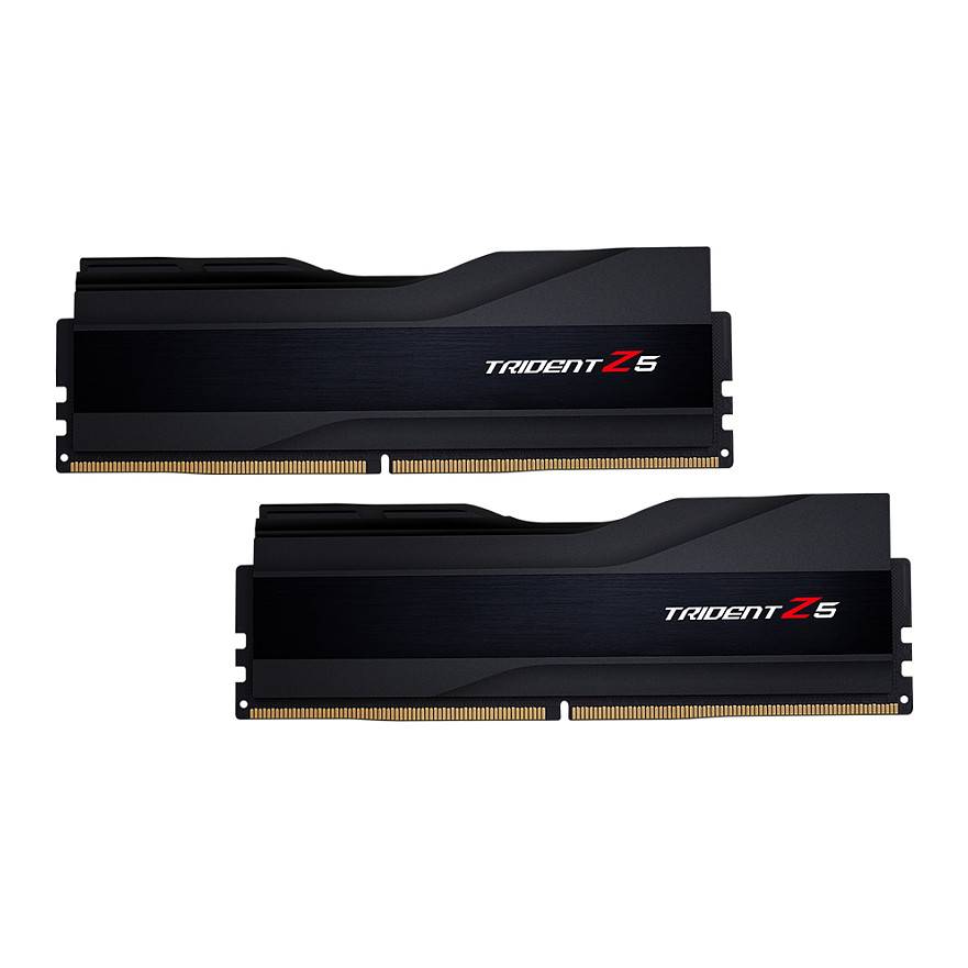 Zwei schwarze Trident Z5 RAM-Sticks mit elegantem Design und goldfarbenen Anschlüssen, parallel zueinander vor weißem Hintergrund positioniert.