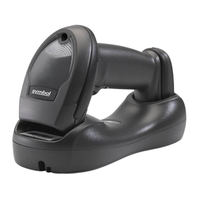 Ein tragbarer Barcode-Scanner, der auf seiner Ladestation ruht und das Symbol-Logo anzeigt, wird zum Scannen und Verfolgen von Bestandsverwaltung verwendet.