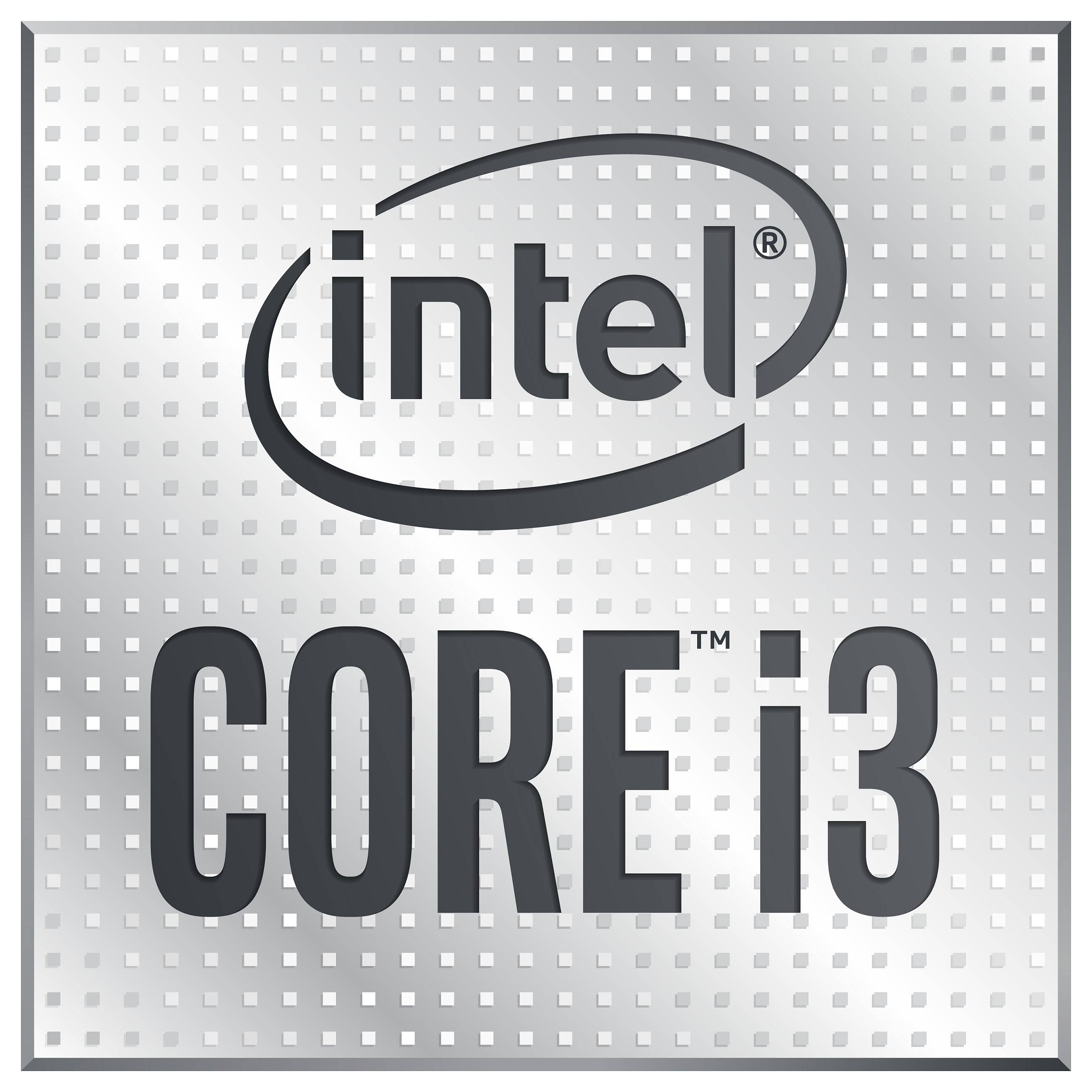 Intel Core i3-Logo mit silbernem Hintergrund, Gittermuster und den Worten 