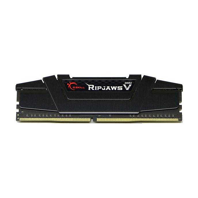 Ein schwarzes G.Skill Ripjaws V DDR4 RAM-Modul mit goldfarbenen Anschlüssen sitzt vor weißem Hintergrund.