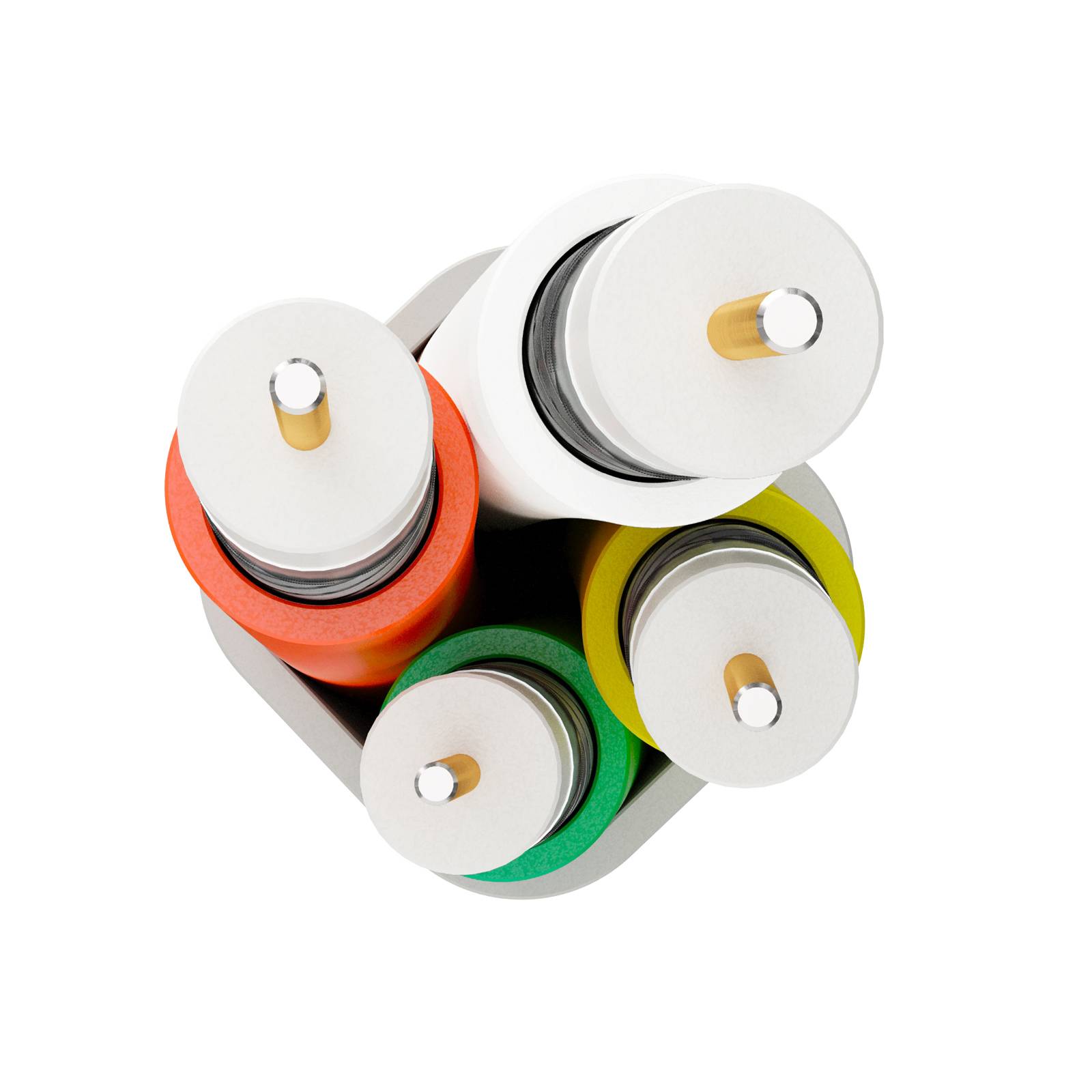 Fünf AA-Batterien, die in einem kompakten Cluster auf weißem Hintergrund zusammengebündelt sind und farbige Enden sowie Metallklemmen zeigen.