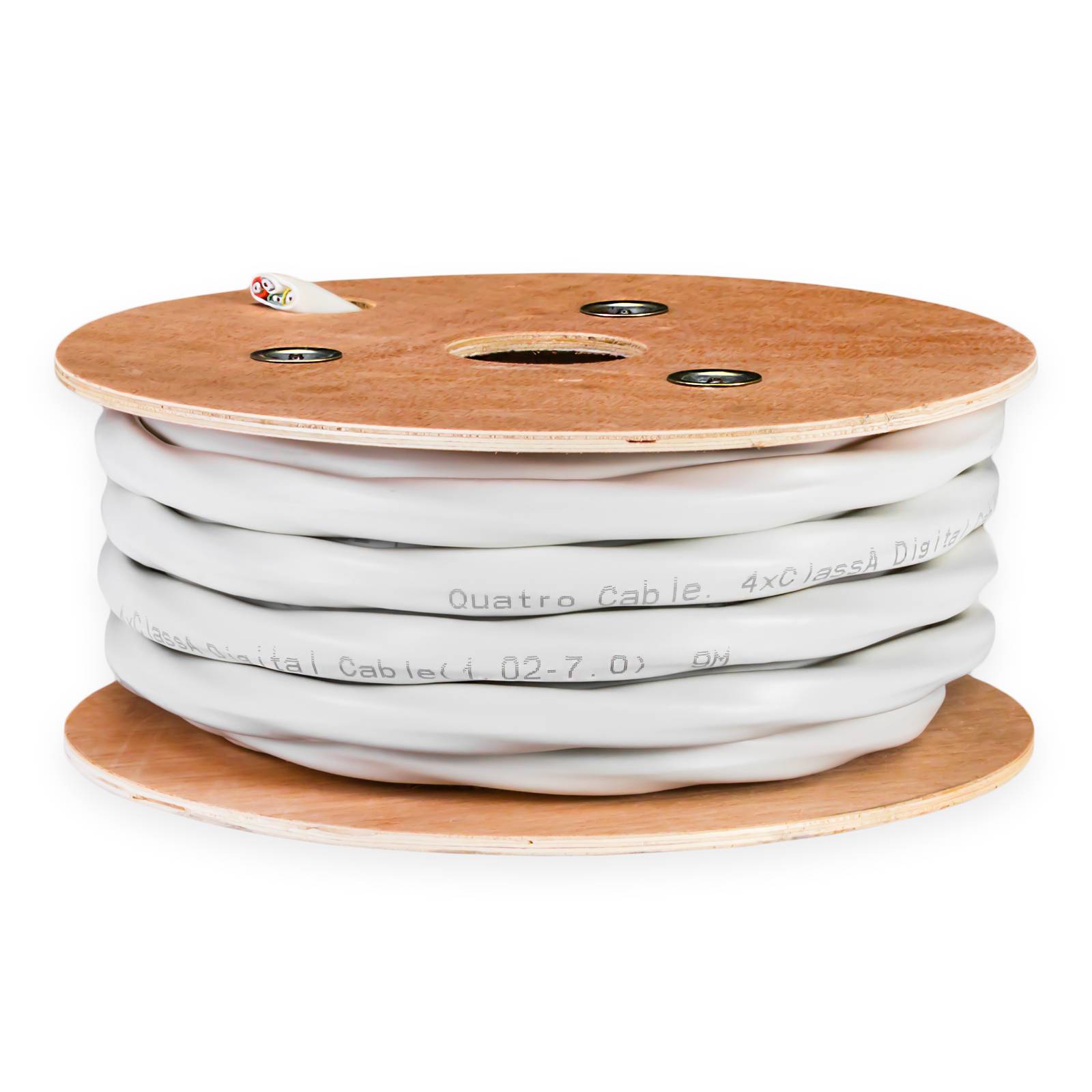 Spule mit weißem Elektrokabel auf einer Holzspule aufgewickelt.