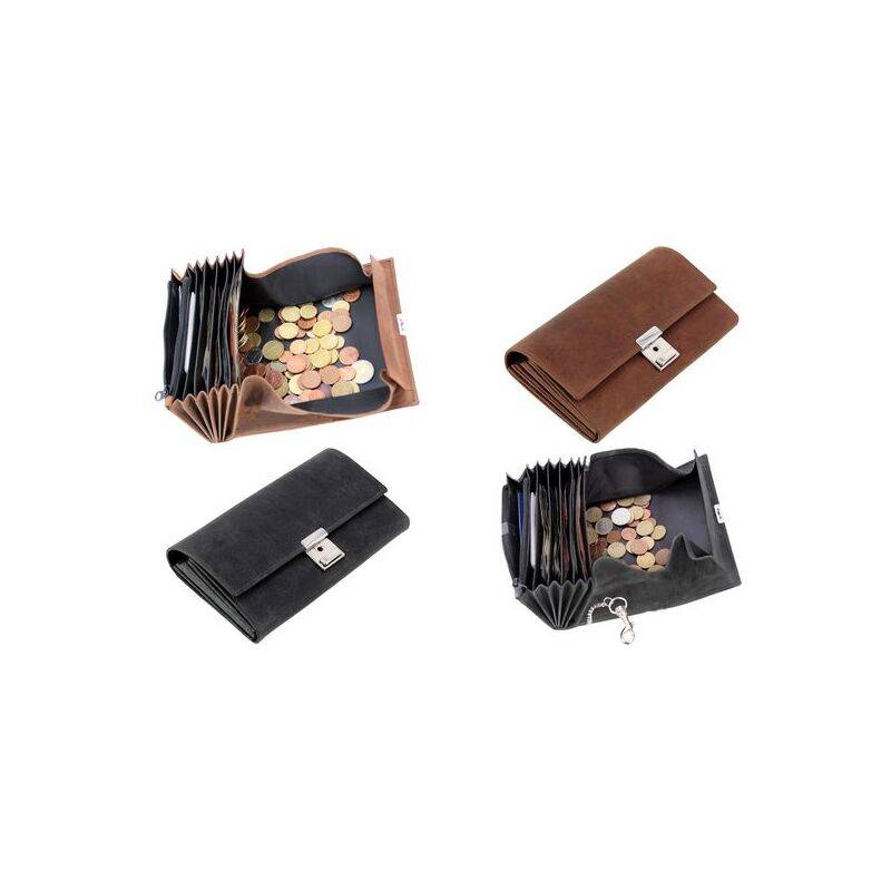 Vier Geldbörsen, zwei geöffnet mit herausstreuenden Münzen, und zwei geschlossen, in schwarzem und braunem Leder, zeigen Organisations- und Stiloptionen.