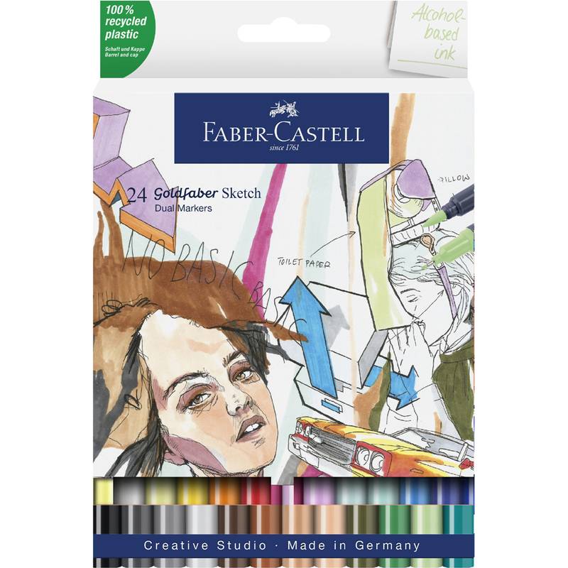 Faber-Castell 24 Goldfaber Sketch Doppelspitzstifte, Verpackung mit farbenfroher, abstrakter Kunst und Text über recycelten Kunststoff und alkoholbasierte Tinte.