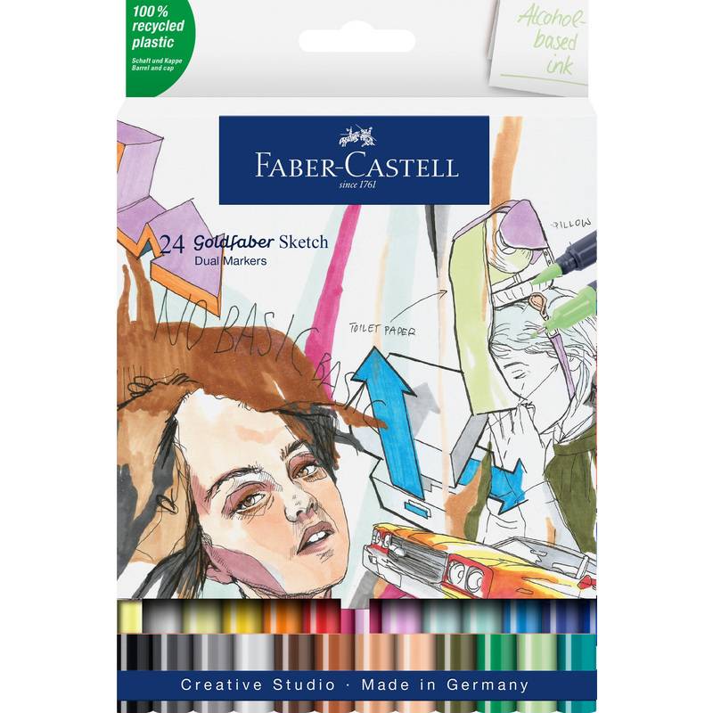 Faber-Castell Goldfaber Sketch Dual Marker 24er-Set in einer Schachtel mit illustrierten Gesichtern und farbenfroher Marker-Kunstwerk; gekennzeichnet mit 