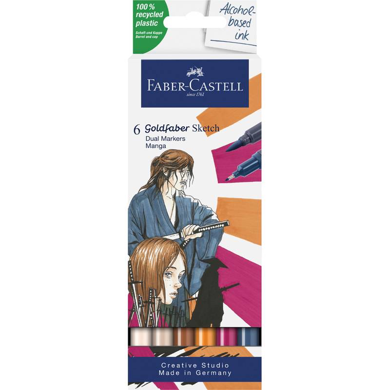 Faber-Castell Goldfaber Sketch Dual-Marker-Set, 6er-Paket in Manga-Farben, mit recyceltem Kunststoff und alkoholbasierter Tinte auf den Etiketten.