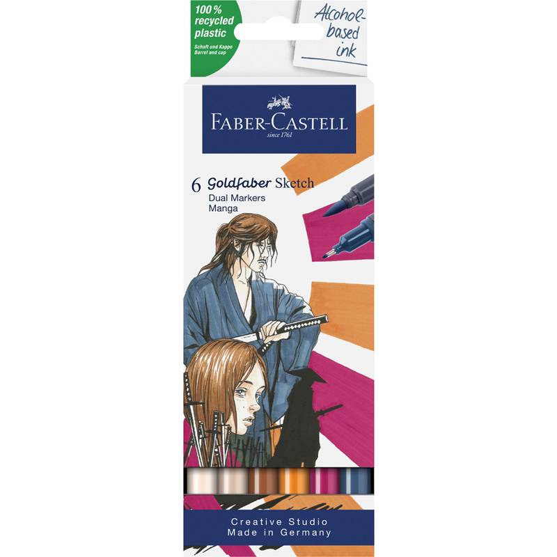 Faber-Castell Goldfaber Sketch Dual-Marker Manga-Set, bestehend aus sechs Farben. Die Verpackung zeigt einen Manga-Künstler, der mit Markern zeichnet.