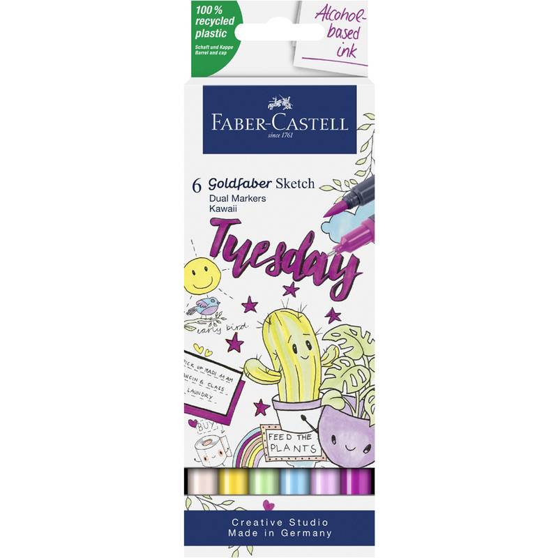 Faber-Castell 6er-Pack Goldfaber Sketch Dual-Marker mit kawaii-thematischer Verpackung, inklusive Illustrationen eines Kaktus und Doodle-Elementen.