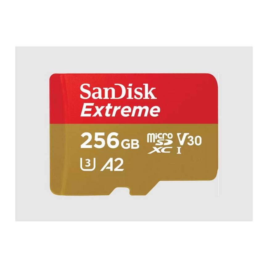 Eine rot und gold SanDisk Extreme microSD-Karte mit 256GB Speicherkapazität, beschriftet mit 