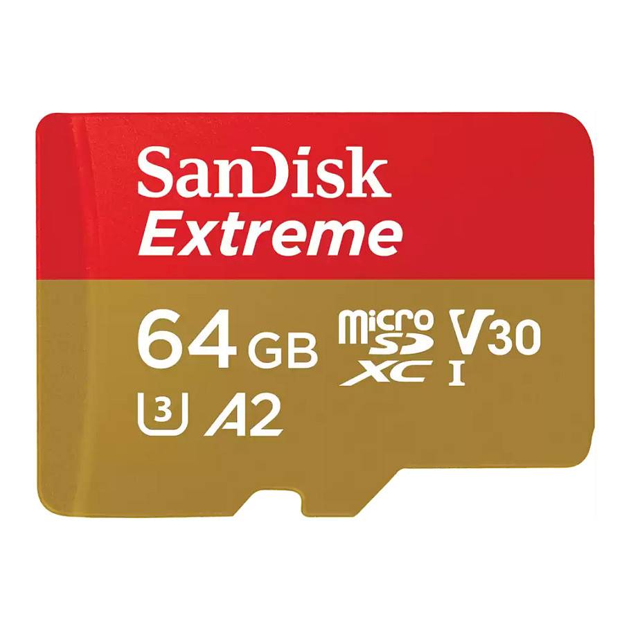 SanDisk Extreme 64GB microSD-Karte mit Spezifikationen: V30, A2, U3, die hohe Geschwindigkeit für Video und Apps anzeigt.