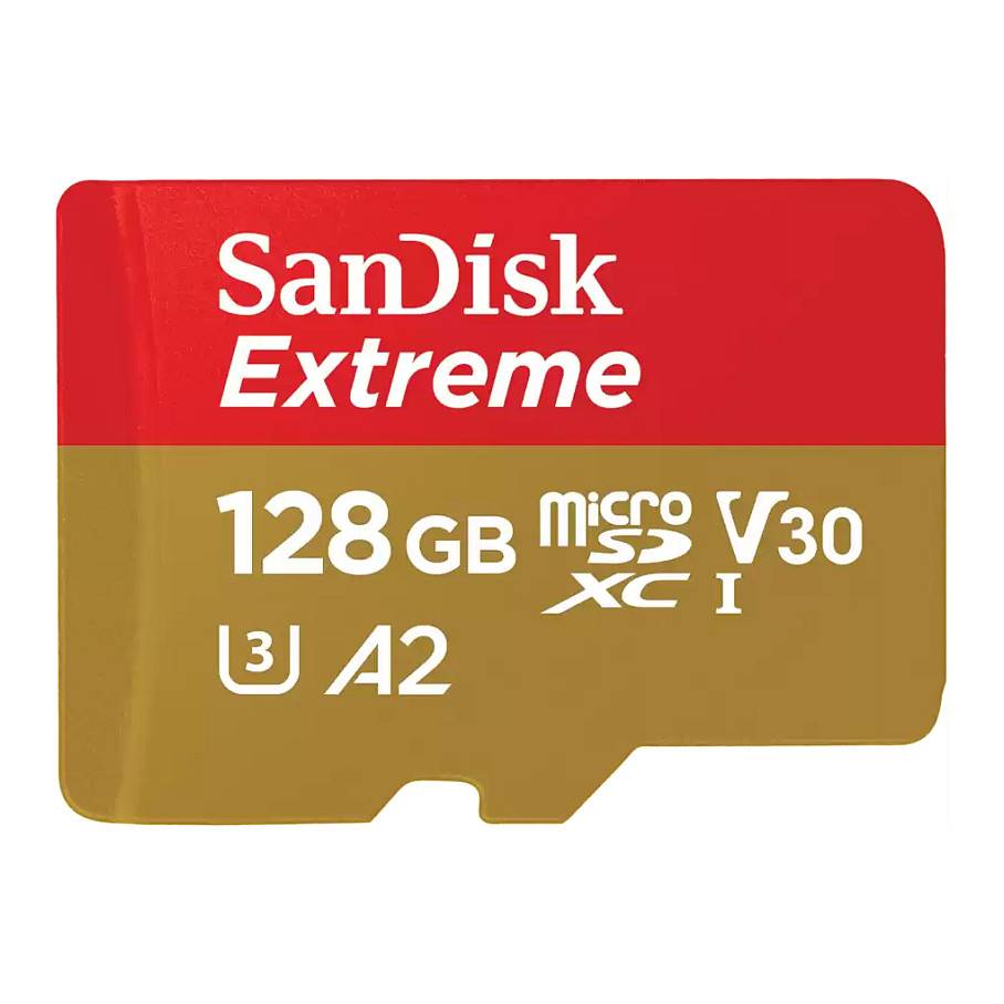 SanDisk Extreme 128GB microSD-Karte, rot und gold, mit V30-, A2- und U3-Bewertungen, die hohe Geschwindigkeit und Leistung für Geräte anzeigen.