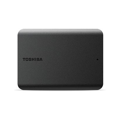 Eine schwarze externe Toshiba-Festplatte mit glatter matter Oberfläche, von oben betrachtet; Markenlogo auf der Oberfläche sichtbar.