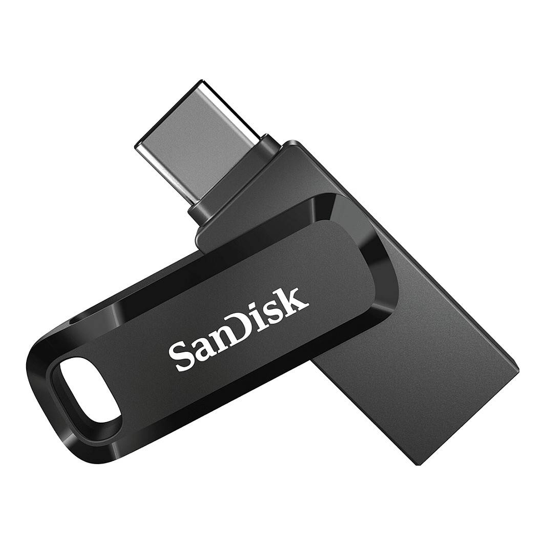 Ein schwarzes SanDisk USB-C-Speicherlaufwerk mit Schwenkmechanismus, das den Anschluss und das Schlüsselanhängerloch zeigt.
