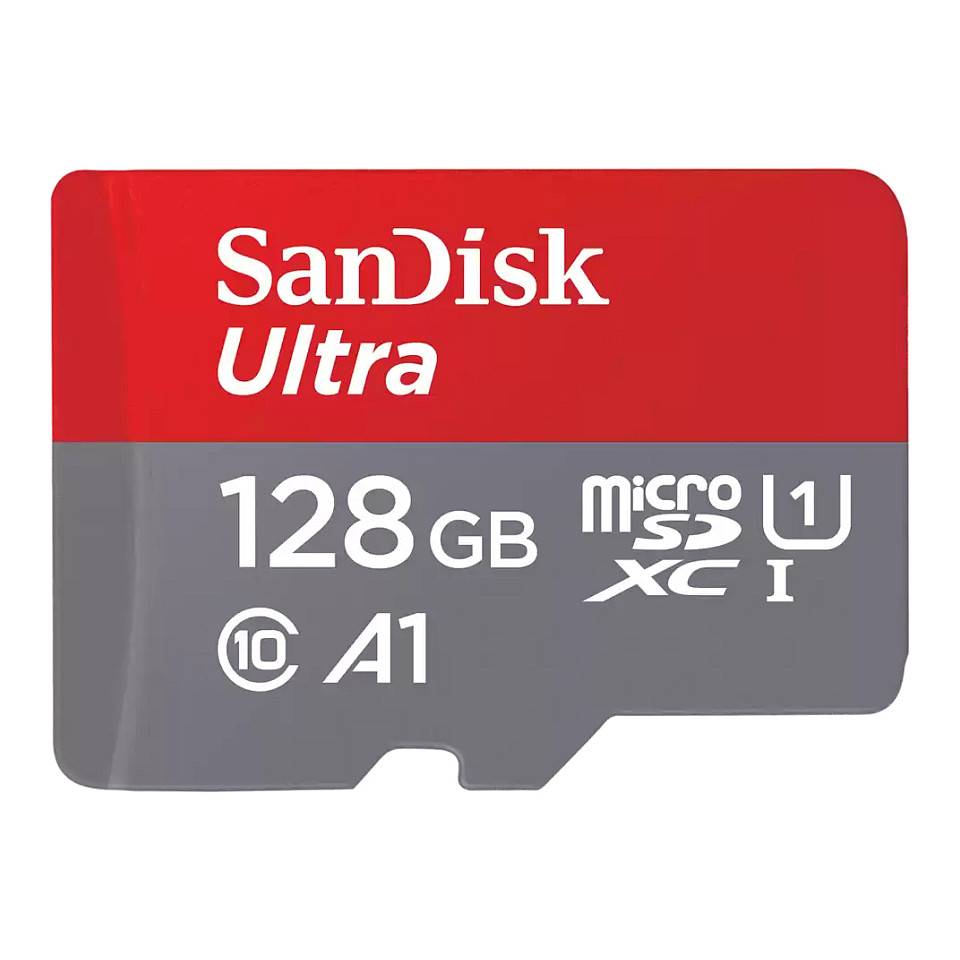 SanDisk Ultra microSD-Karte, 128GB Kapazität, Klasse 10, A1, UHS-I, rot und grau Design.