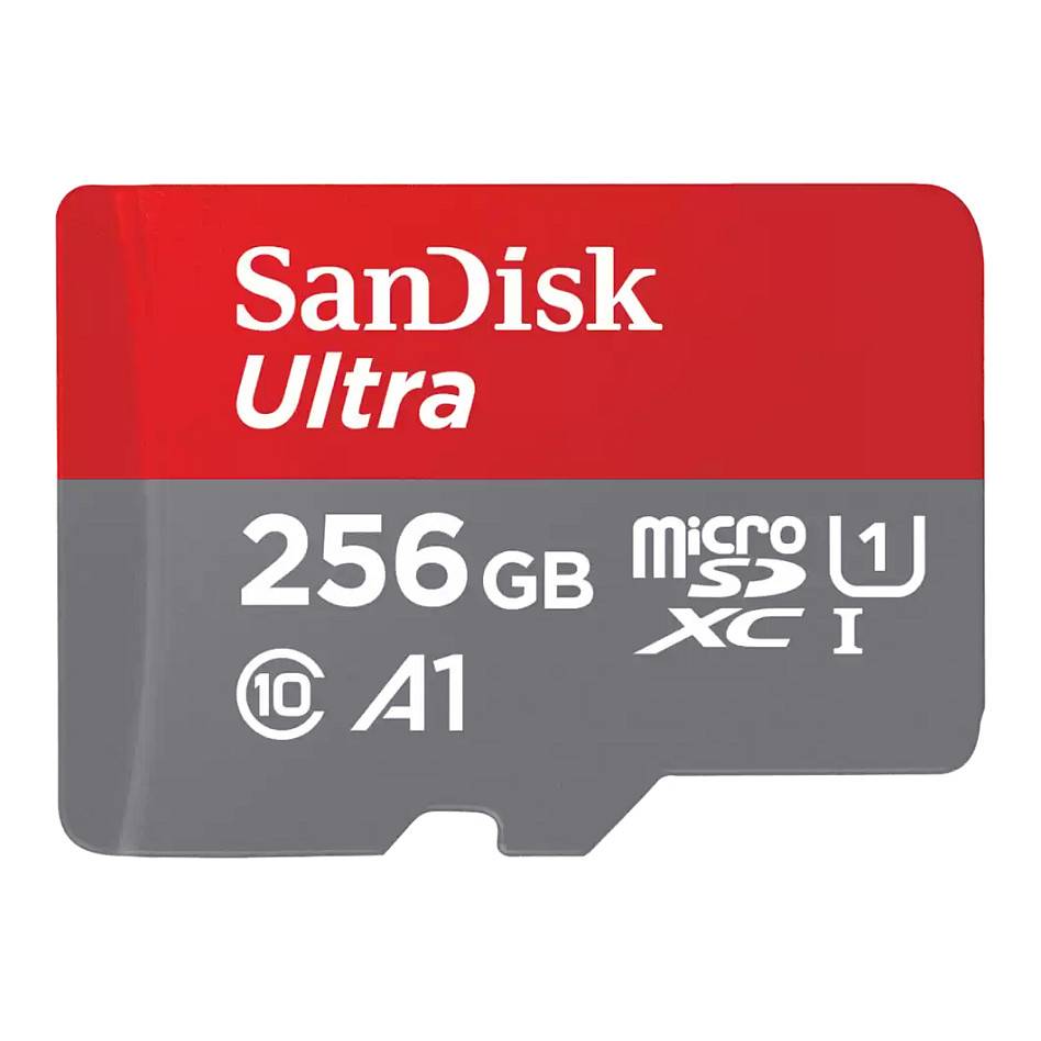 SanDisk Ultra 256GB microSD-Karte mit A1-, U1- und Class-10-Geschwindigkeitseinstufungen.