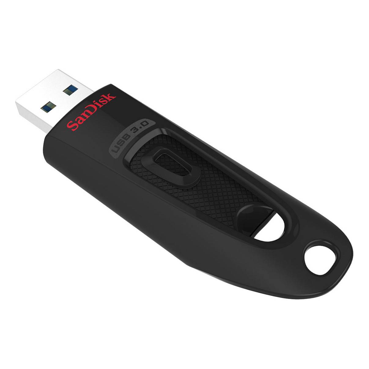 Ein schwarzes SanDisk USB 3.0-Speicherlaufwerk mit rotem Logo, konzipiert für Datenspeicherung, verfügt über einen einfahrbaren Stecker und ein Schlüsselloch.