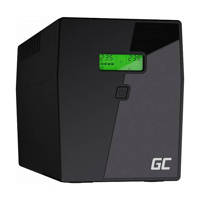 Eine schwarze unterbrechungsfreie Stromversorgung (USV) mit digitaler Anzeige, die Stromindikatoren und einen zentralen Stromschalter zeigt.