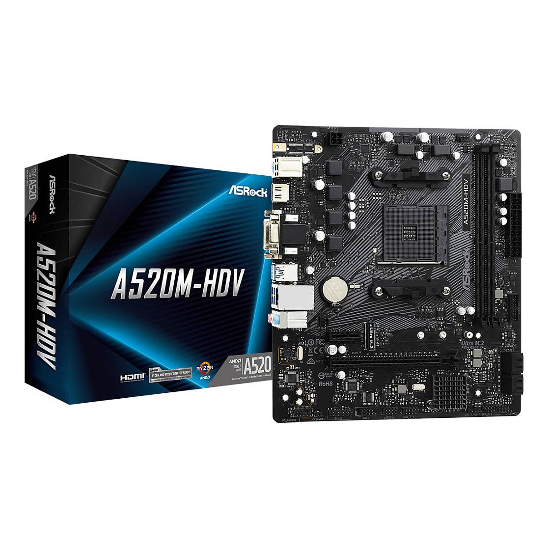Eine Schachtel mit der Aufschrift „ASRock A520M-HDV