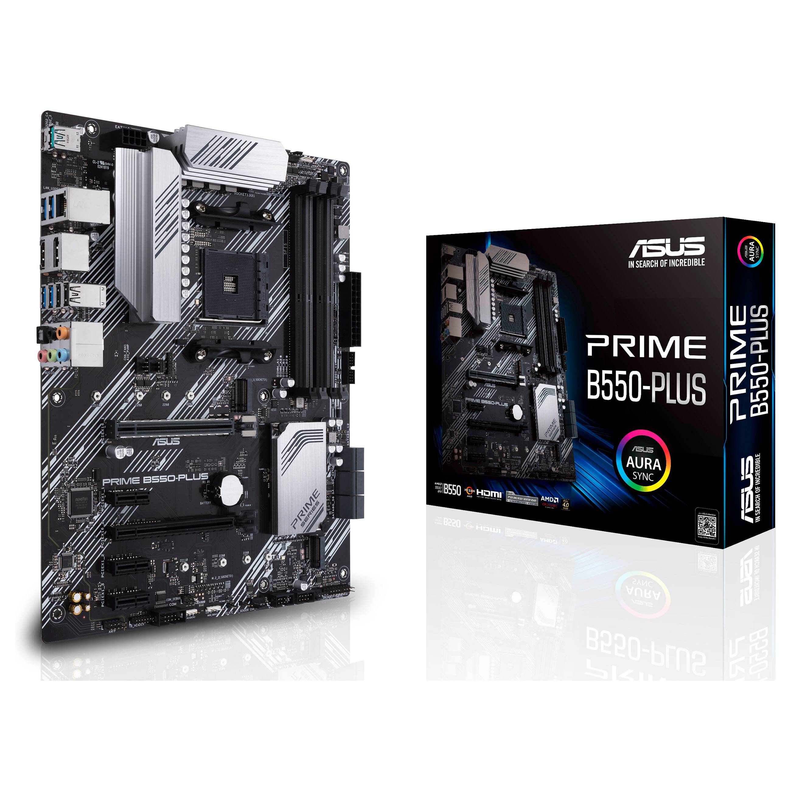 Motherboard mit schwarzweißem Design mit der Bezeichnung „PRIME B550-PLUS