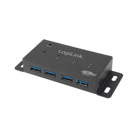 Ein schwarzer LogiLink USB-Hub mit vier USB 3.0-Anschlüssen auf der Vorderseite, auf Halterungen montiert.