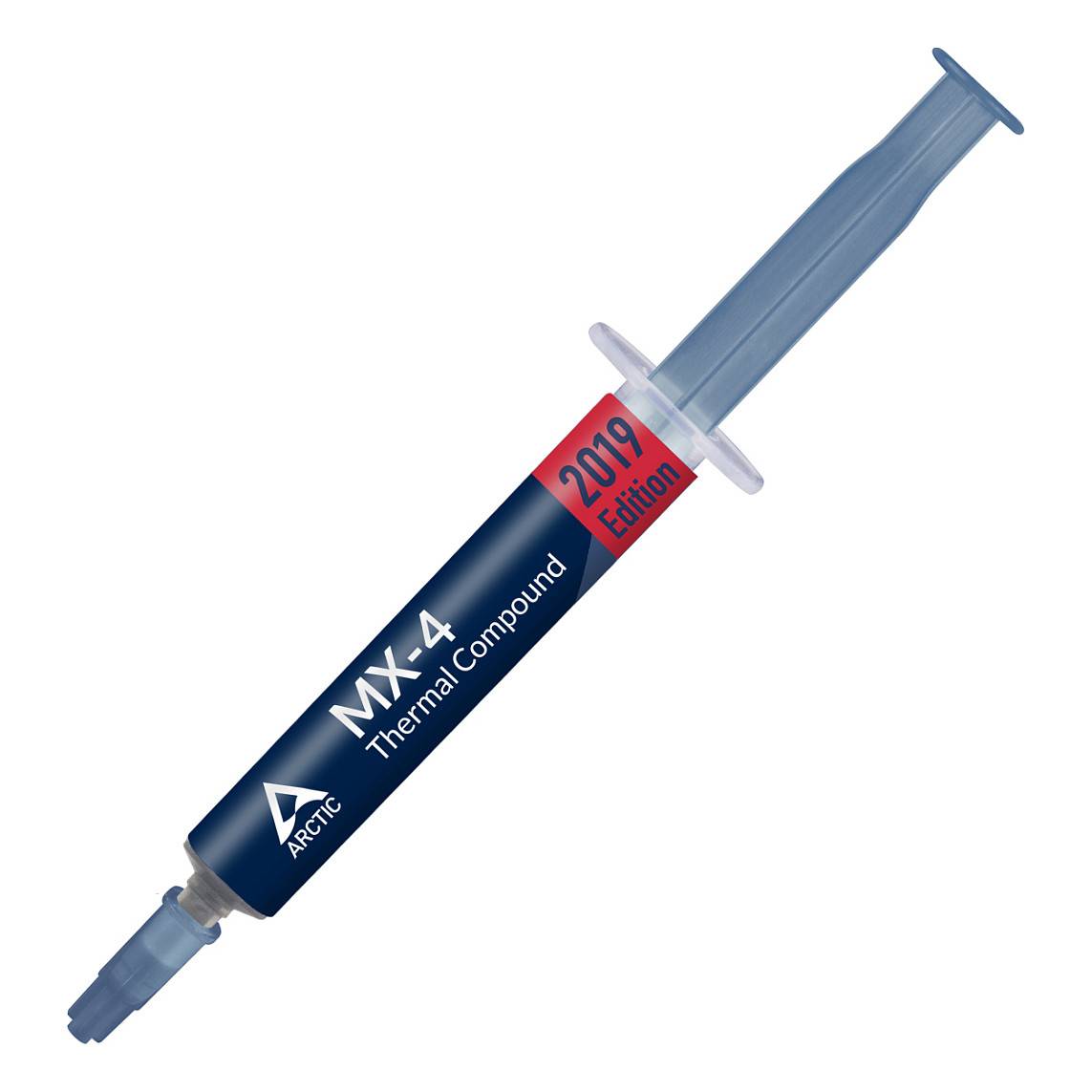 Eine blaue Spritze mit der Aufschrift „MX-4 Thermal Compound, 2019 Edition